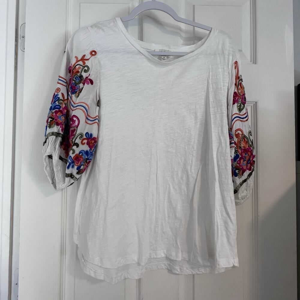 Umgee Top White Textured Cotton Puff Sleeves Colorful Embroidery Boho Gypsy M